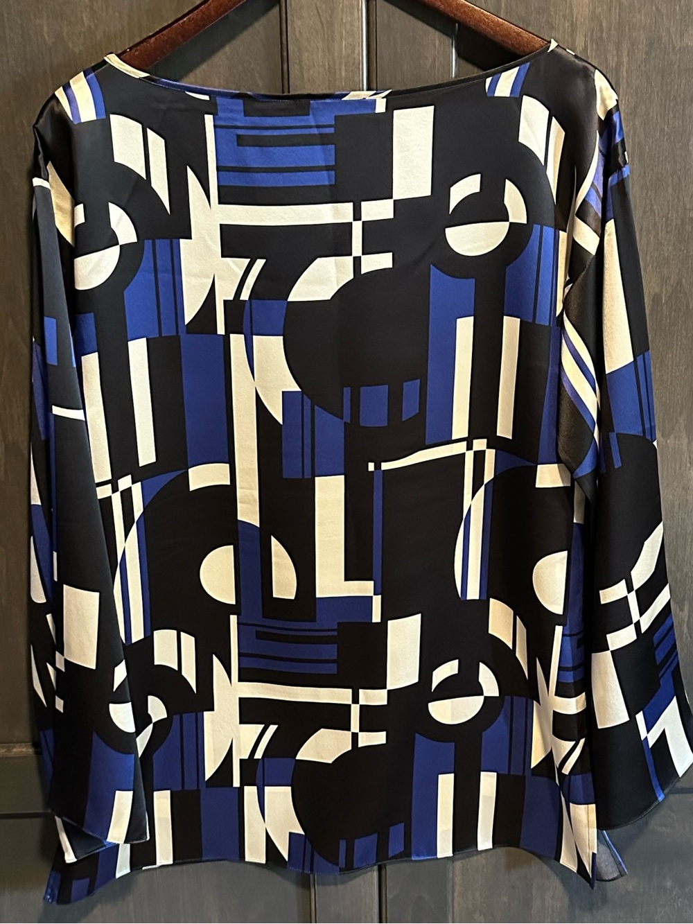 Lauren Ralph Lauren Blue Black & Cream Geometric 100 % Silk Long Sleeve Blouse